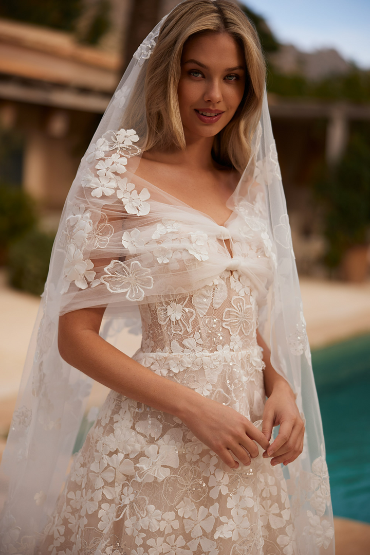 Nude Floral Wedding Dress with Sheer Strapless Bodice and Tulle Cape –  A-Line Wedding Ball Gown with 3D Appliqué Plus Size