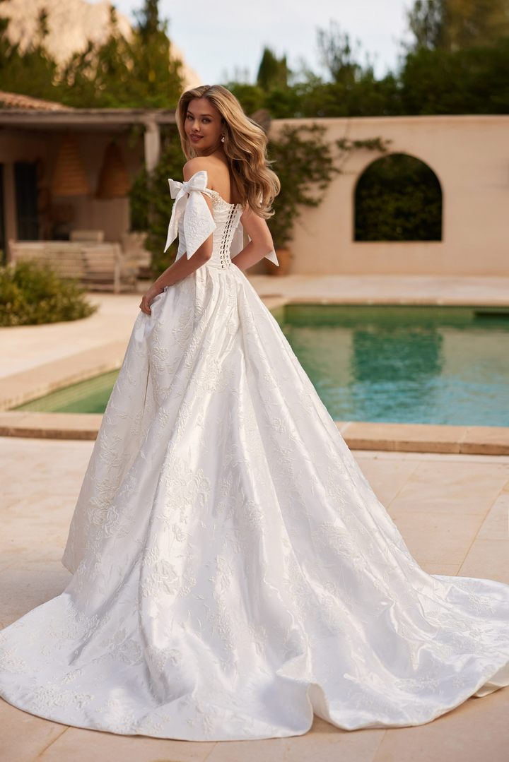 Ivory Off Shoulder Wedding Dress with Bow Sleeves – Jacquard A Line Wedding Gown with Corset Back Plus Size
