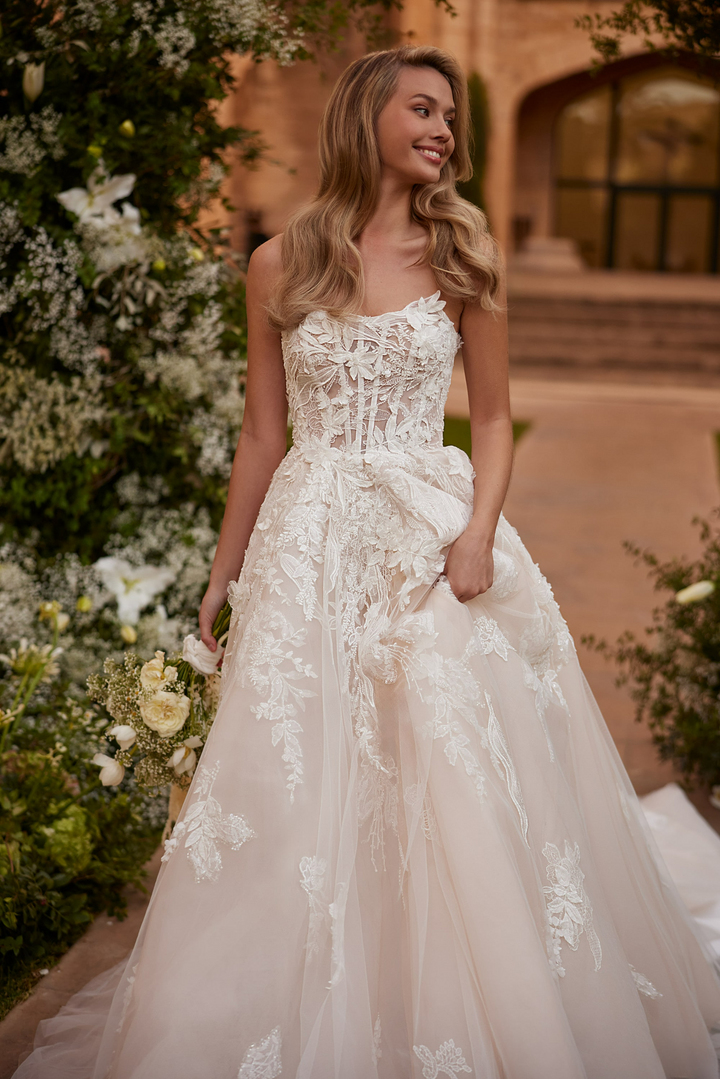 Nude Long Sleeve Wedding Dress with Floral Lace Appliqué – Convertible Wedding Dress with Illusion Neckline Plus Size