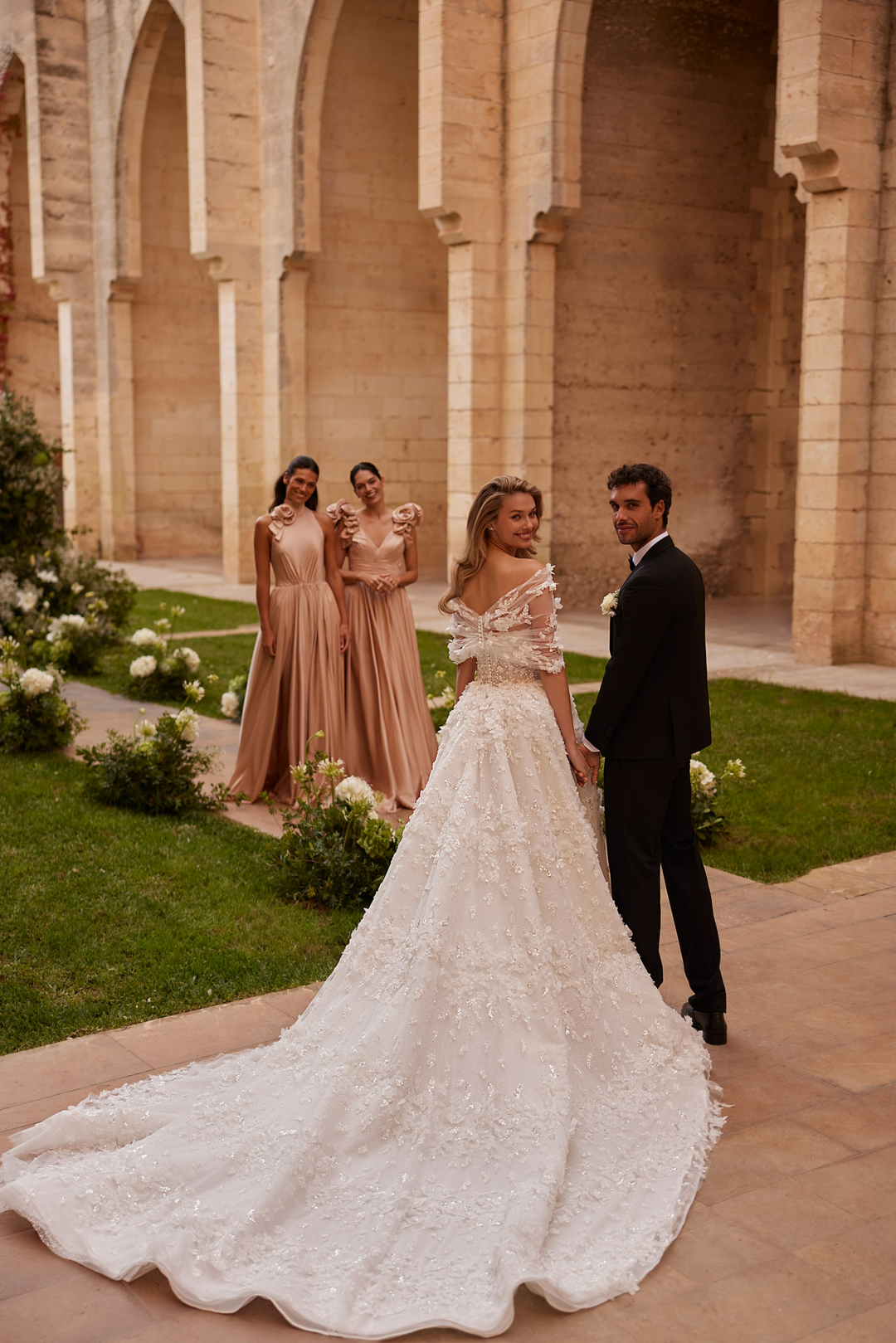 Ivory Off Shoulder Wedding Dress with Layered Tulle Sleeves – Embellished Floral Wedding Gown with Train Plus Size
