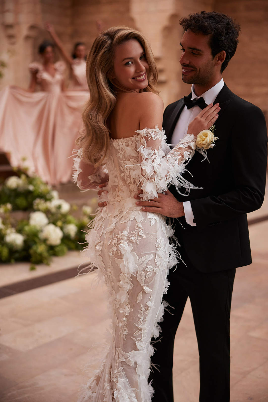 Nude Floral Wedding Dress with Long Sleeves – Off Shoulder Wedding Gown - Lace Mermaid Wedding Gown with 3D Appliqué Plus Size