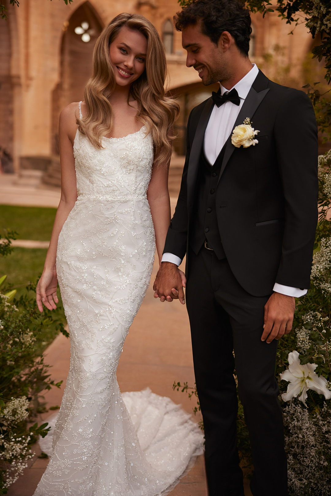 Ivory Mermaid Wedding Dress with Spaghetti Straps – Beaded Cowl Back Wedding Gown with Train Plus Size