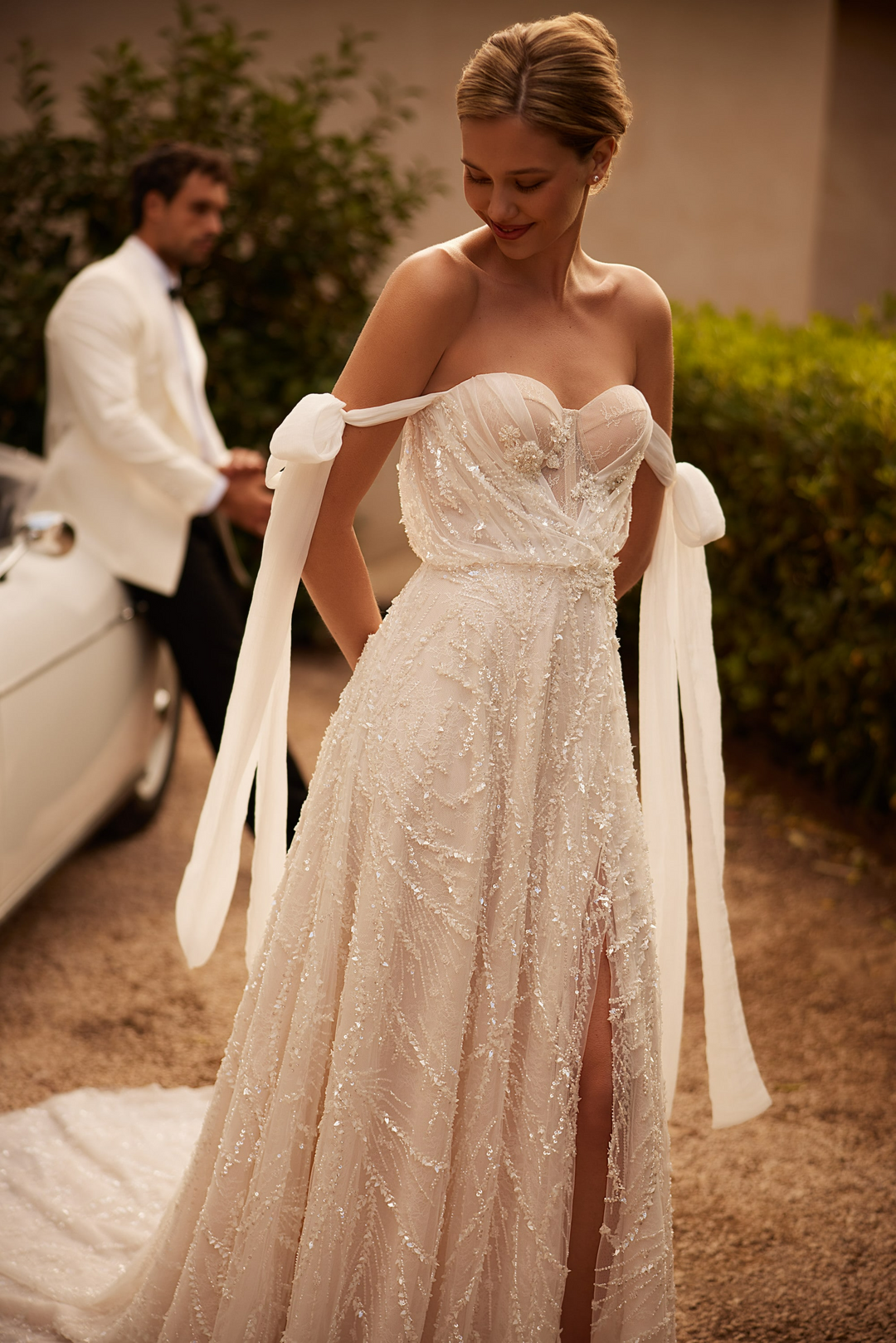 Off Shoulder Wedding Dress with Thigh High Slit – Beaded A-Line Wedding Gown with Convertible Sleeves Plus Size