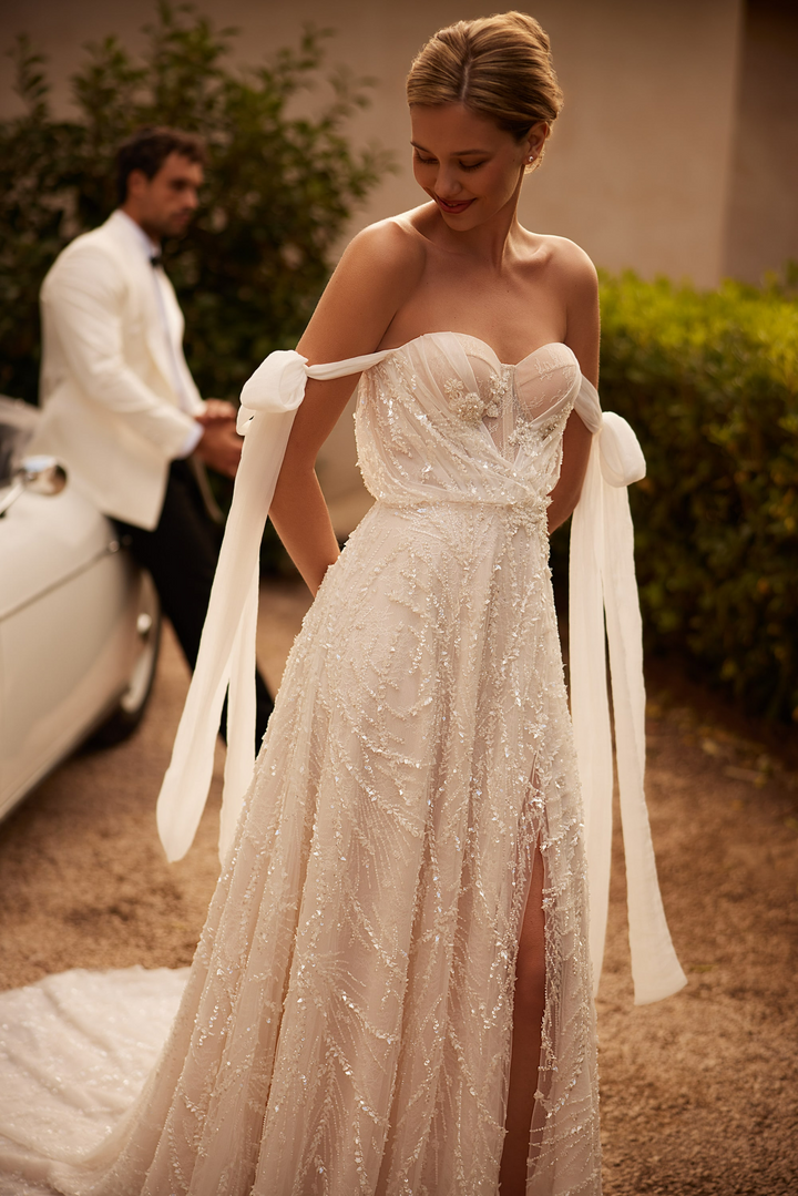 Off Shoulder Wedding Dress with Thigh High Slit – Beaded A-Line Wedding Gown with Convertible Sleeves Plus Size