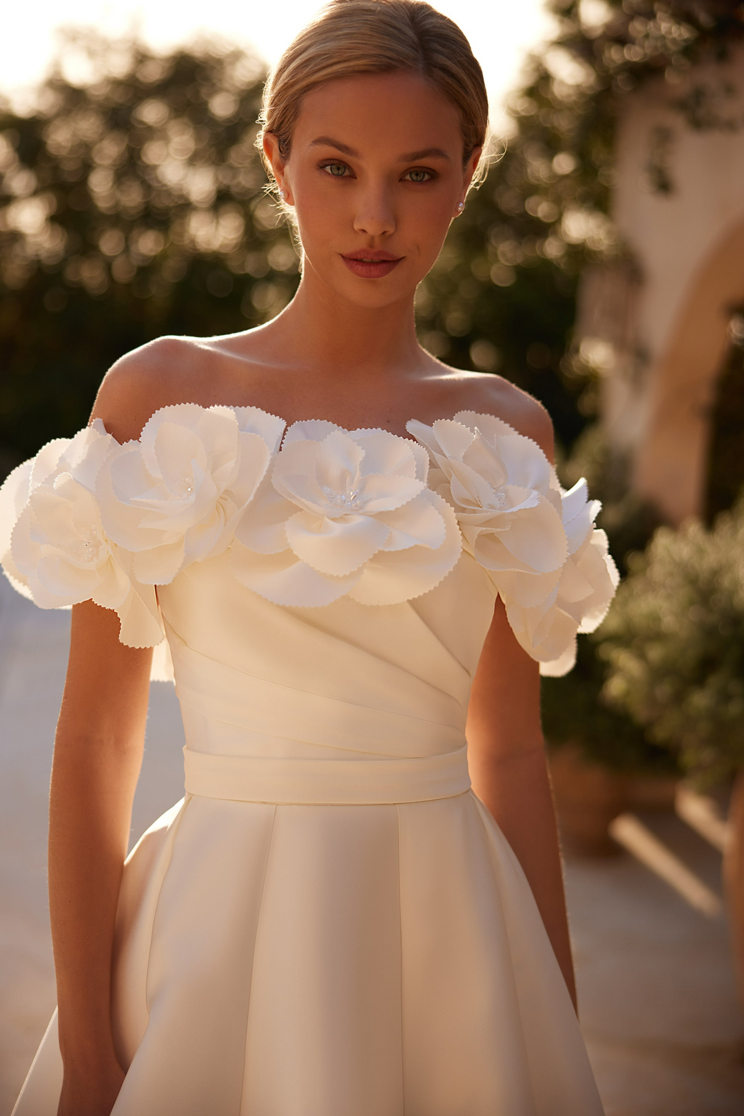 Ivory Satin Wedding Dress with 3D Floral Design – Off Shoulder Ball Gown Wedding Dress with Structured Pleats Plus Size