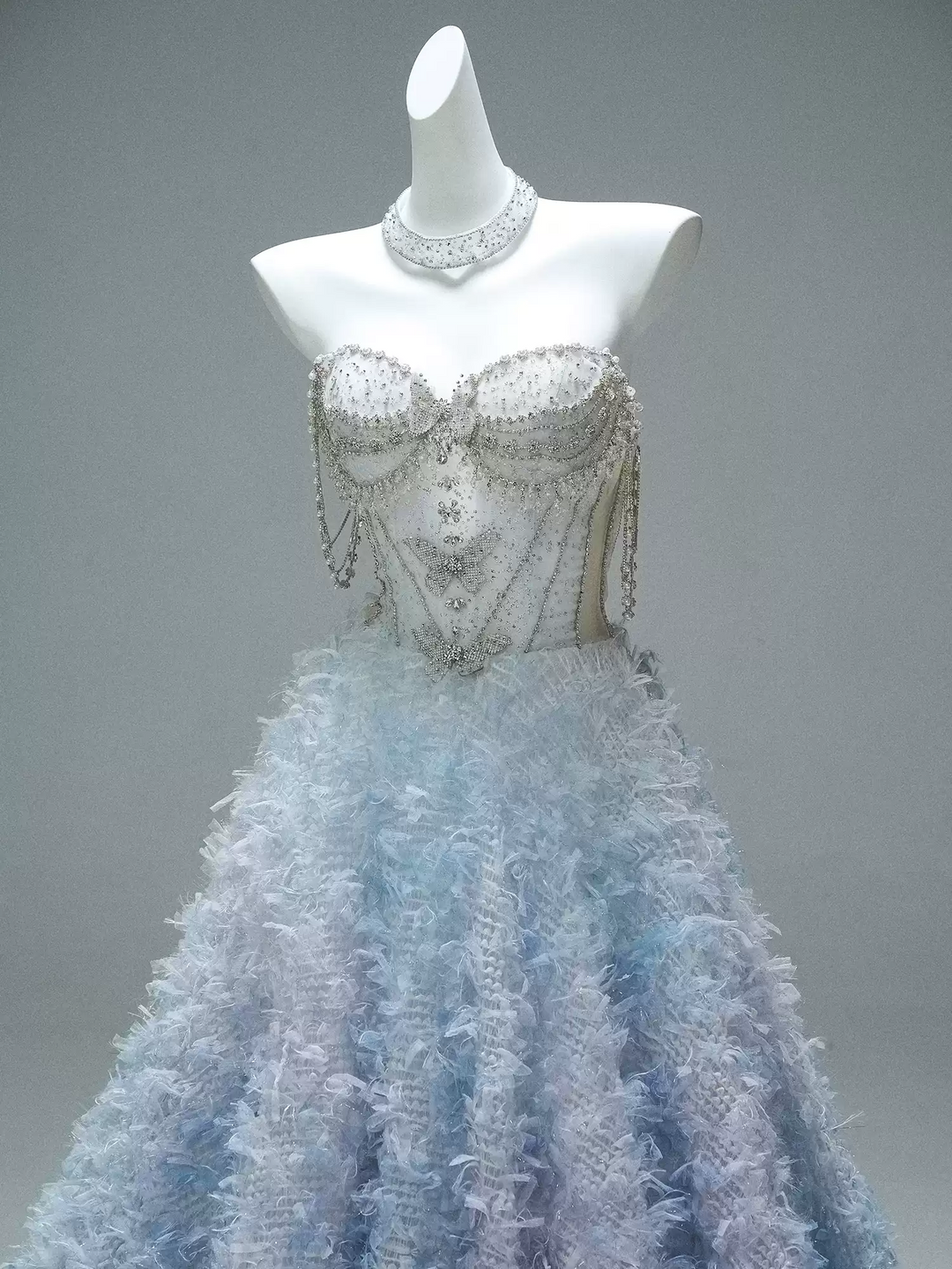 Blue Evening Dress with Beaded Corset – Strapless Layered Tulle Ruffle Dress Plus Size