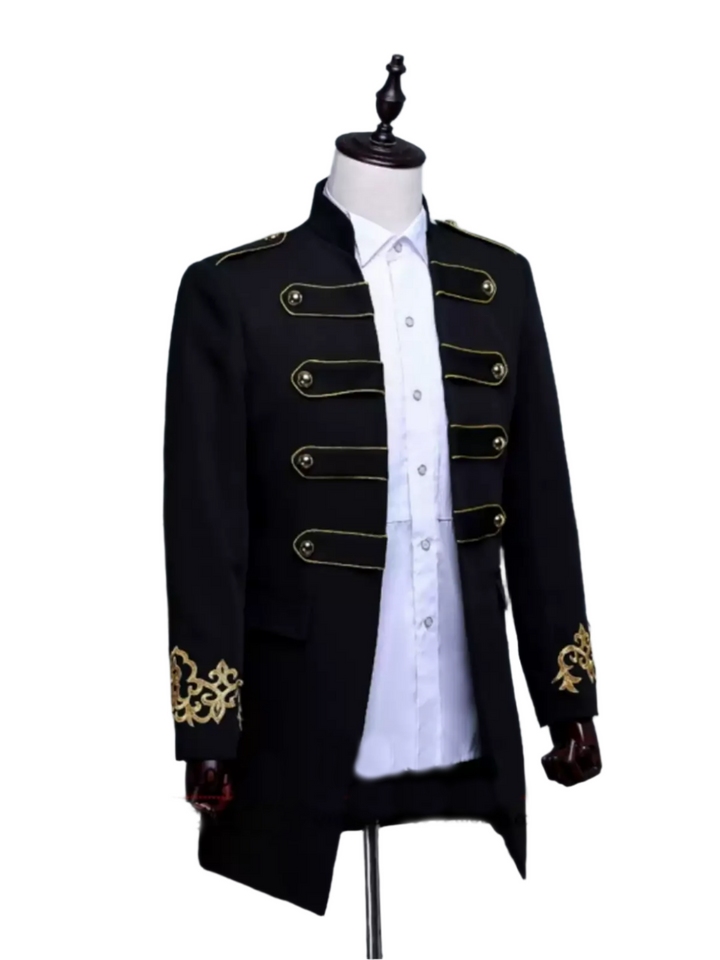 Black Military Regency Mens Tailcoat – Long Formal Jacket with Gold Embroidered Cuffs and Shoulder Detail Plus Size