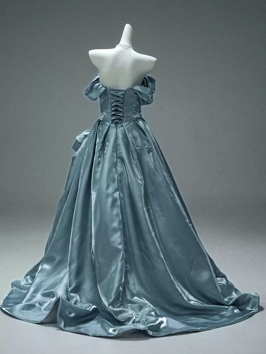Blue Evening Gown with Off Shoulder Floral Design – Off the Shoulder Ball Gown Dress with Draped Satin Skirt Plus Size