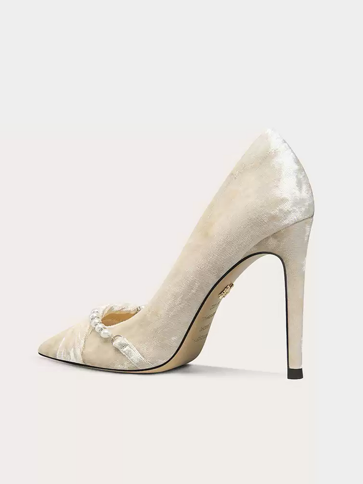 Vintage Inspired Velvet Pointed-Toe High Heels with Pearl Embellishment