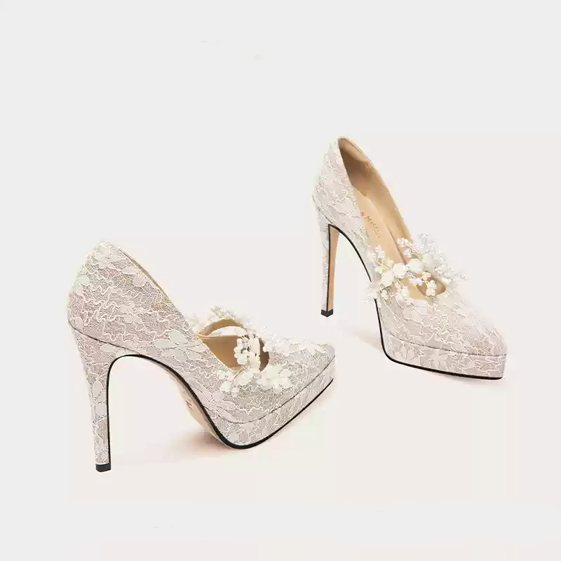 Vintage-Inspired Green Lace Bridal Shoes with Pearl Embellishments - High Heels