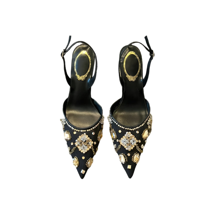 Handmade Black Embellished Slingback Heels – Rhinestone Pointed-Toe Stiletto Sandals for Women
