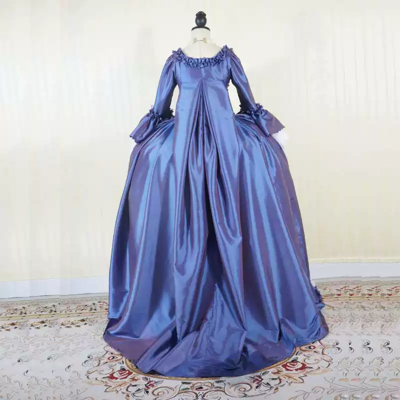 Royal Blue Rococo Ball Gown with Floral Lace and Ruffled Detailing – Victorian-Inspired Wedding Dress with Long Sleeves Plus Size