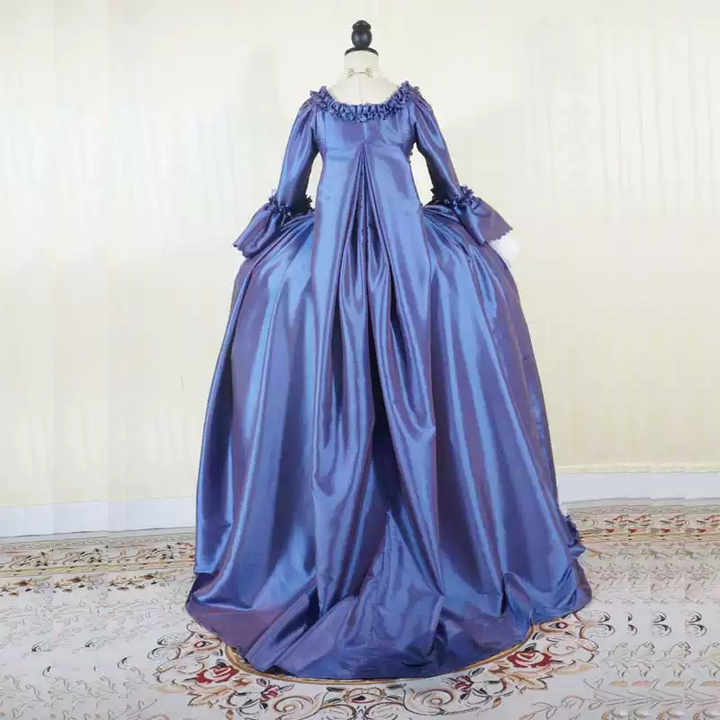 Royal Blue Rococo Ball Gown with Floral Lace and Ruffled Detailing – Victorian-Inspired Wedding Dress with Long Sleeves Plus Size