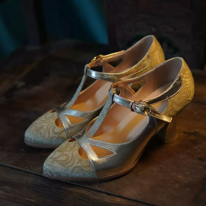 "Golden Reverie" – Handmade Vintage T-Strap Leather Heels