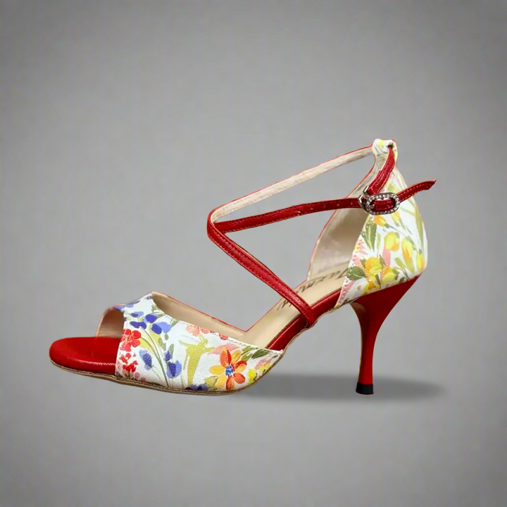 Handmade Tango Cowhide Leather Red Floral Latin Dance Shoes with Criss-Cross Strap – Tango Shoes Madame Pivot