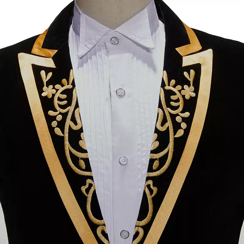 Black Baroque Mens Blazer – Velvet Suit Jacket with Gold Lapel Trim and Embroidered Detail Plus Size