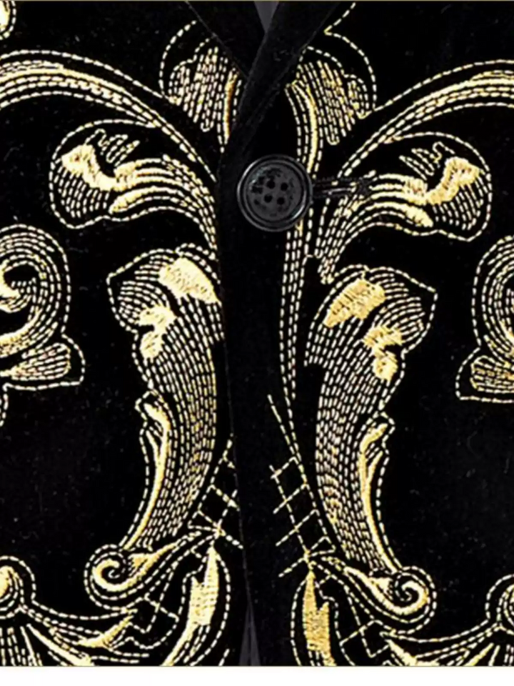Black Baroque Mens Suit – Velvet Blazer and Pants Set with Gold Embroidered Pattern Plus Size
