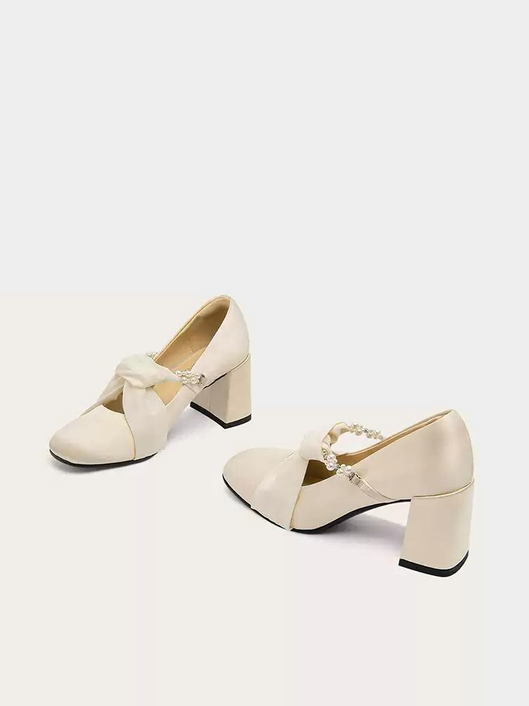 Lolita Champagne Pearl Strap Mary Jane Heels with Round Toe and Block Heel