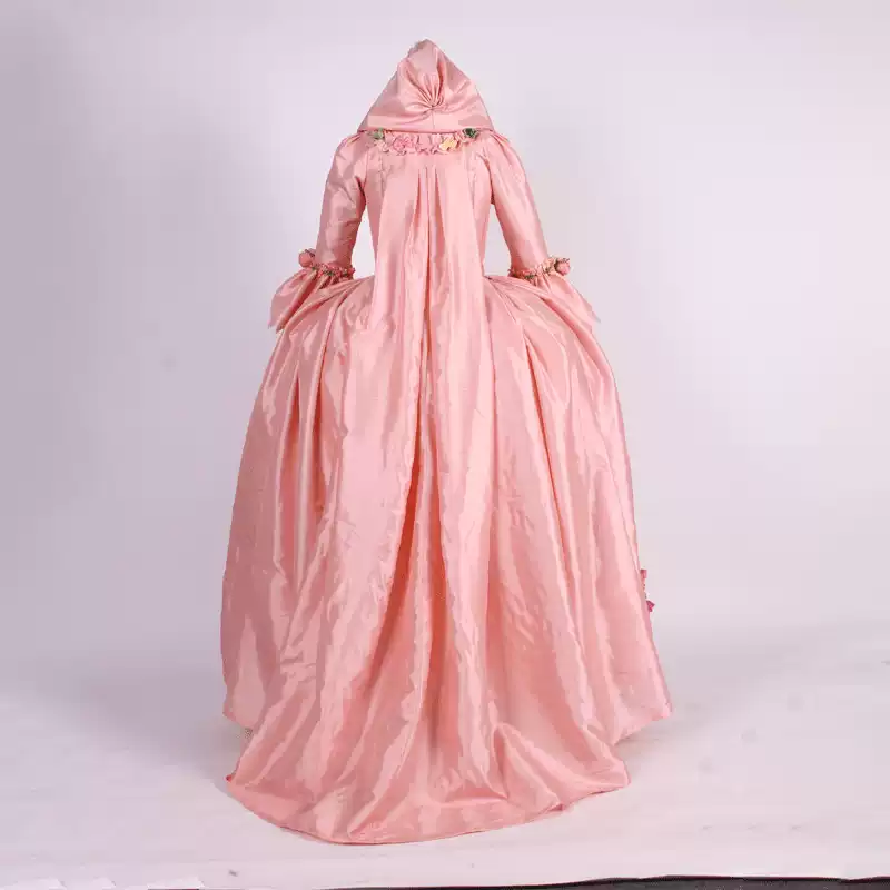 Pink Rococo Ball Gown with Floral Lace and Ruffled Detailing – Victorian-Inspired Wedding Dress with Long Sleeves and Hood Plus Size