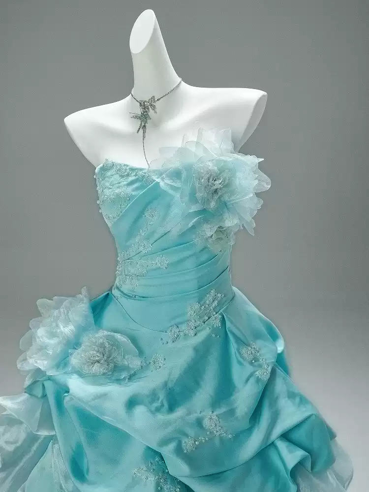 Blue Ball Gown with Floral Appliqué – Strapless Layered Tulle Ruffle Dress with Lace-Up Back Plus Size