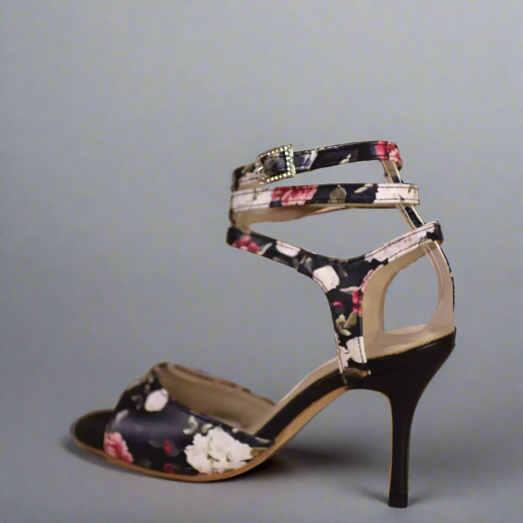 Handmade Tango Cowhide Leather Black Latin Dance Shoes with Floral Leather Upper and Cross Strap Design
