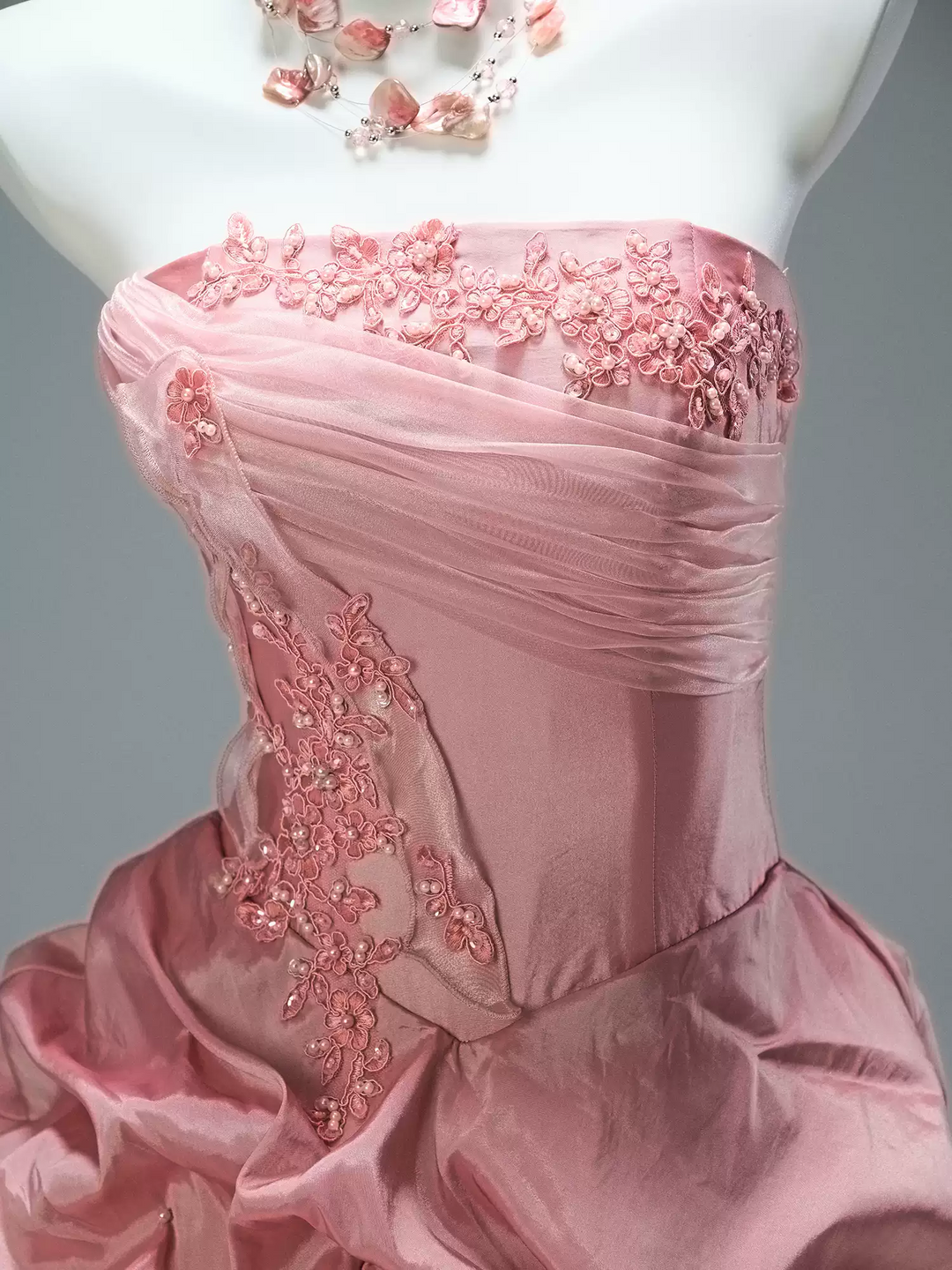 Pink Layered Tulle Ruffle Dress with Embroidery – Strapless Evening Dress with Corset Back Plus Size