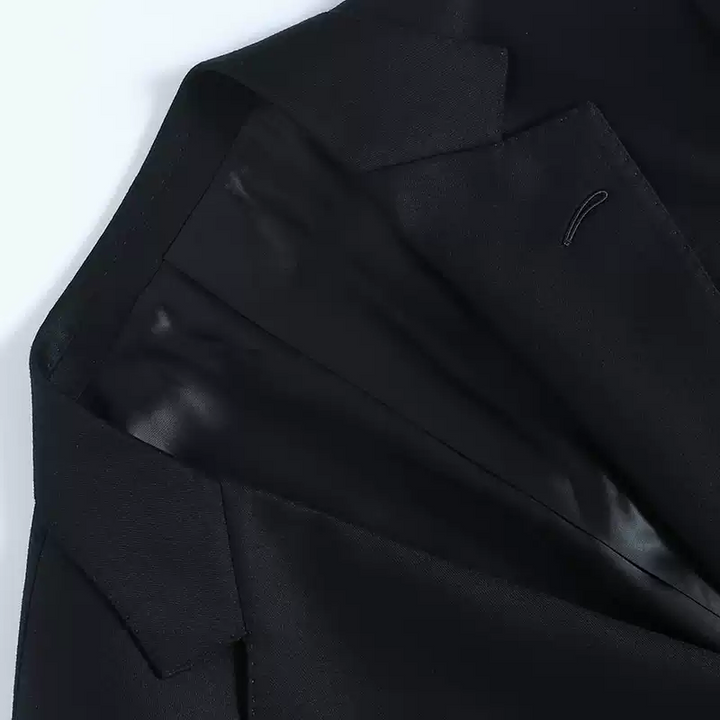 Black Wool Blazer with Gold Buttons and Embroidered Badge Design Plus Size
