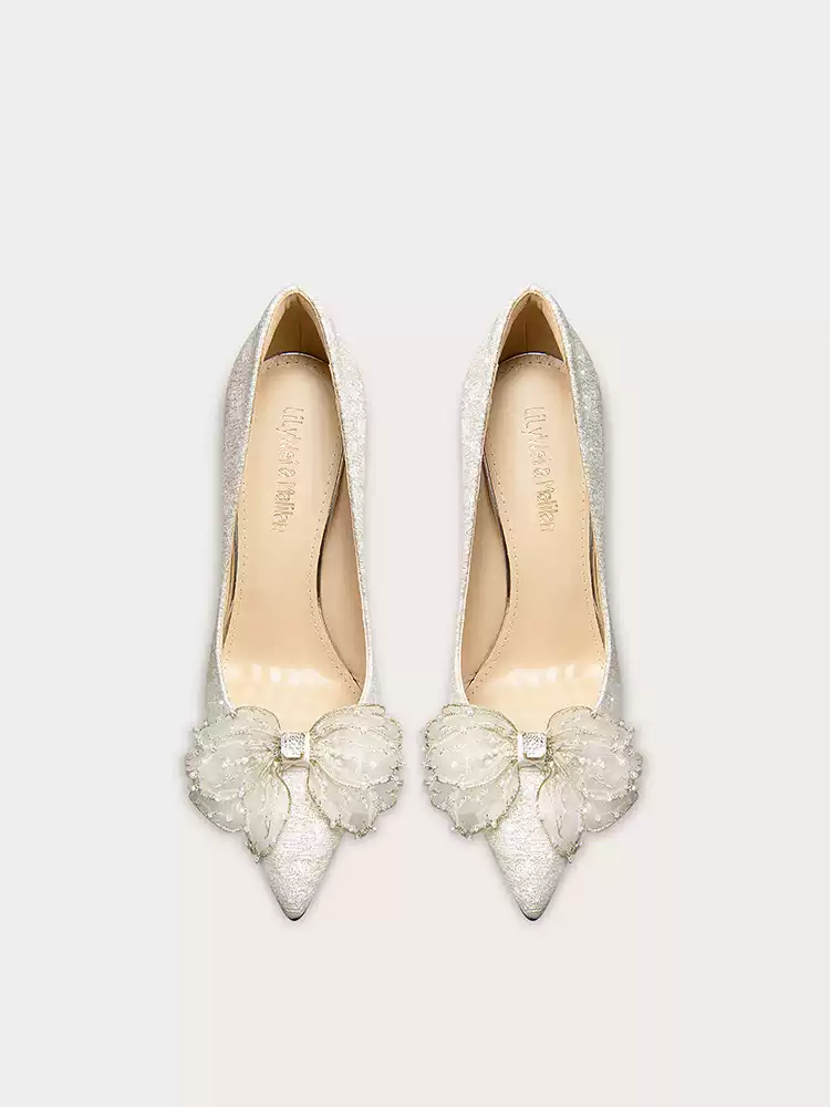 Bridal Bow-Embellished Gold Glitter High Heels - Pointed Toe Wedding Shoes