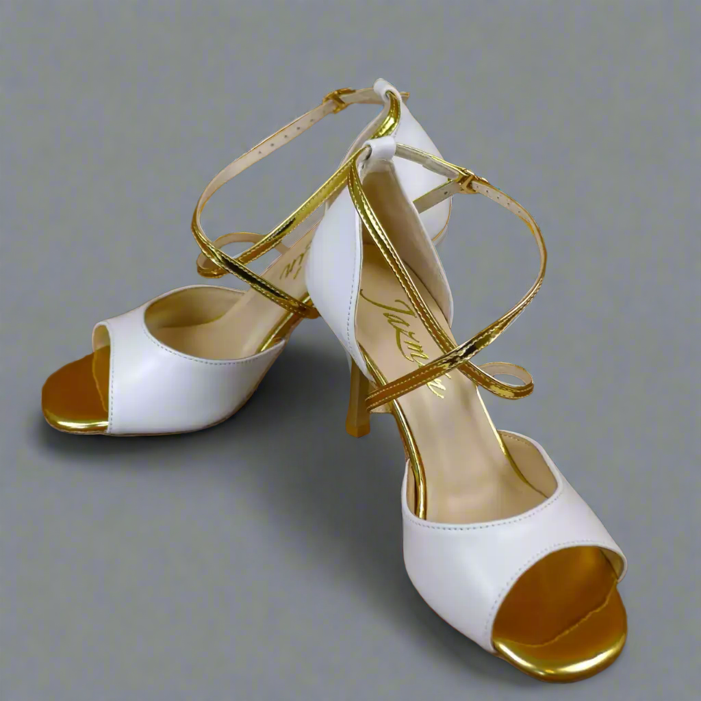 Handmade Tango Cowhide Leather Gold Latin Dance Shoes with White Leather Upper – Latin Dancing Shoes for Women