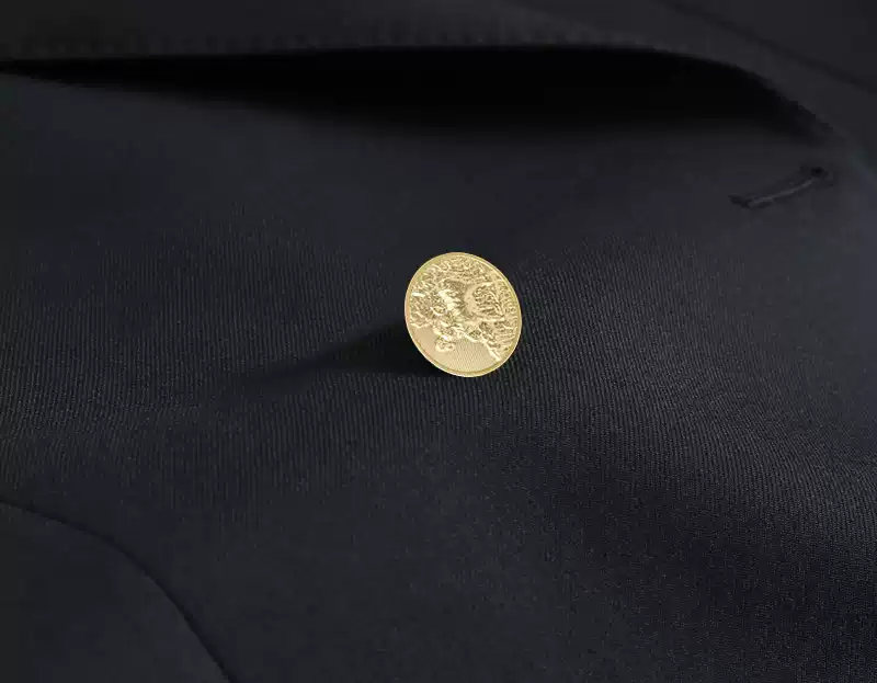 Mens Double Breasted Blazer in Black Wool with Peak Lapel and Gold Buttons Plus Size