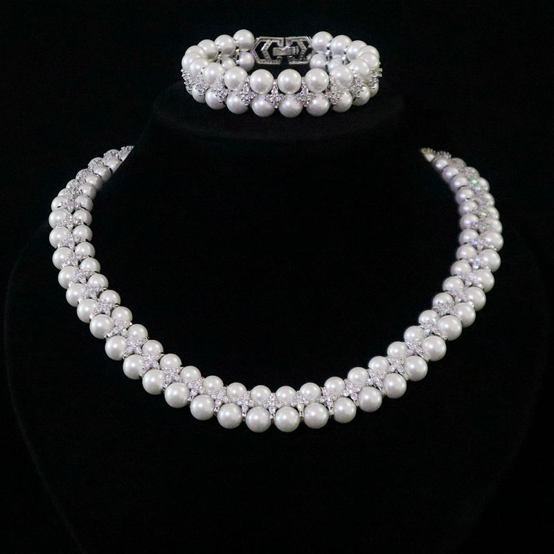 Pearl White Necklace and Bracelet Set with Rhinestone Accents - Jewelry Sets