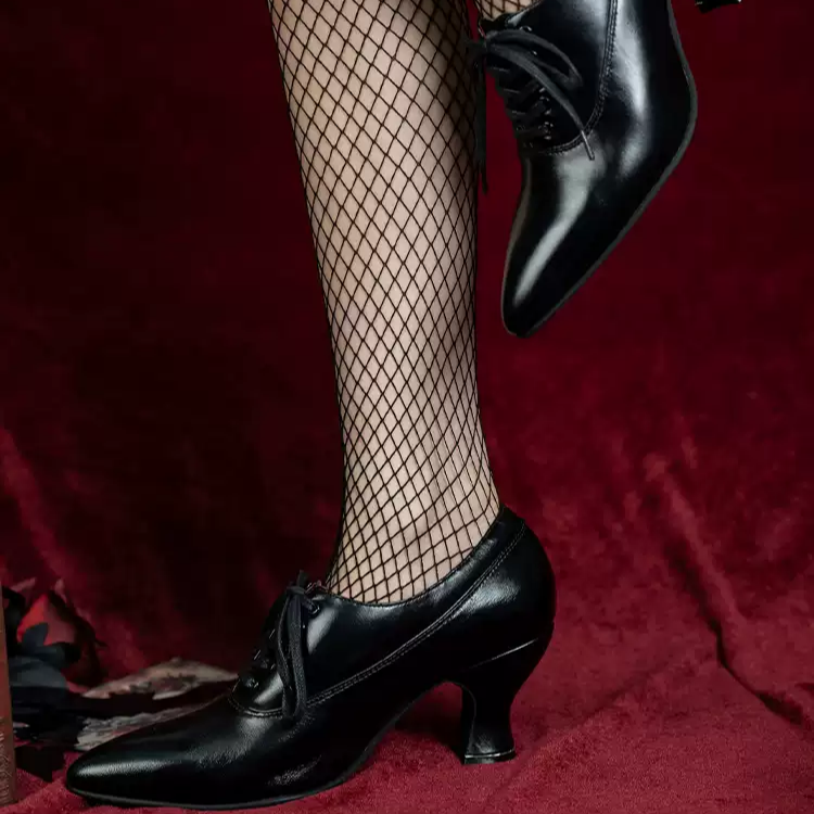 Handmade Gothic Black Velvet Cowhide Leather Lace-Up Heels