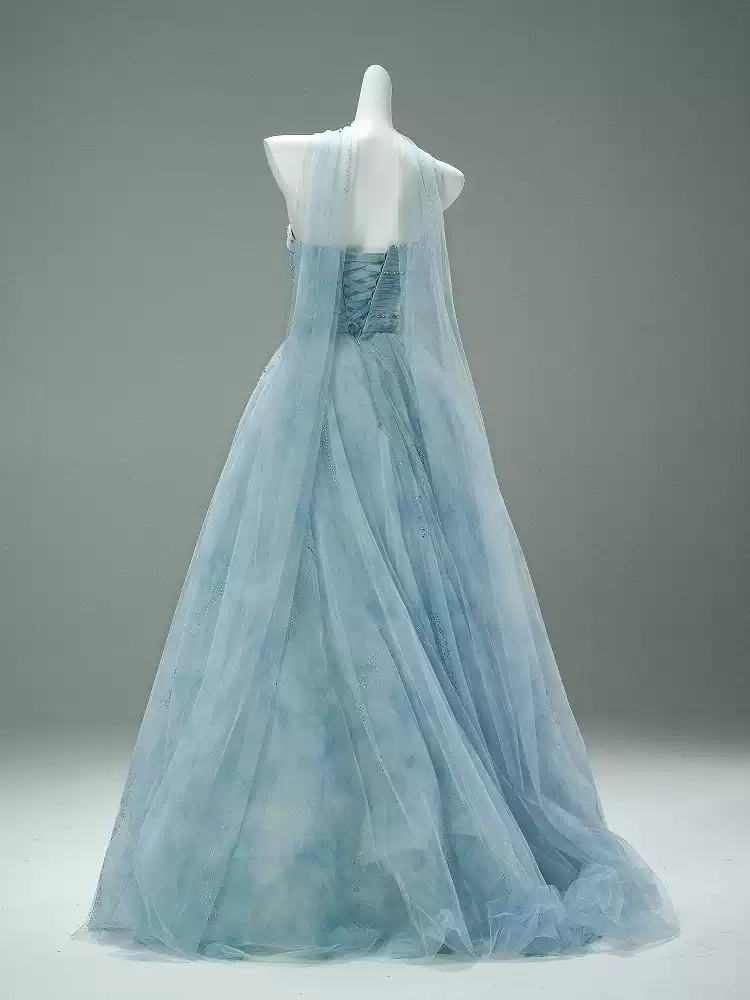 Light Blue Strapless Evening Dress with Beading – Corset Evening Dress with Lace-Up Back Plus Size