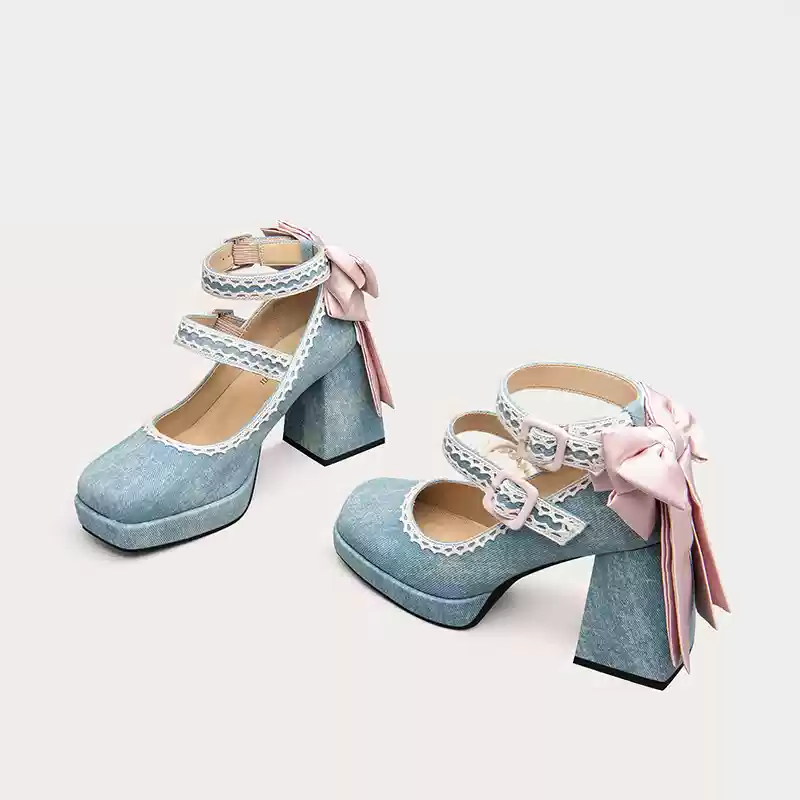 Vintage Inspired Blue Lolita Heels with Bow and Lace Detail