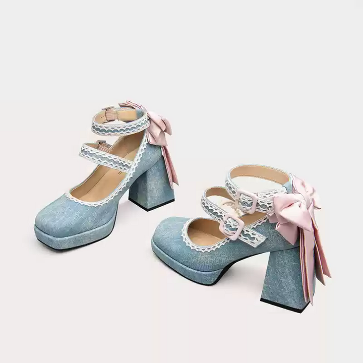Vintage Inspired Blue Lolita Heels with Bow and Lace Detail