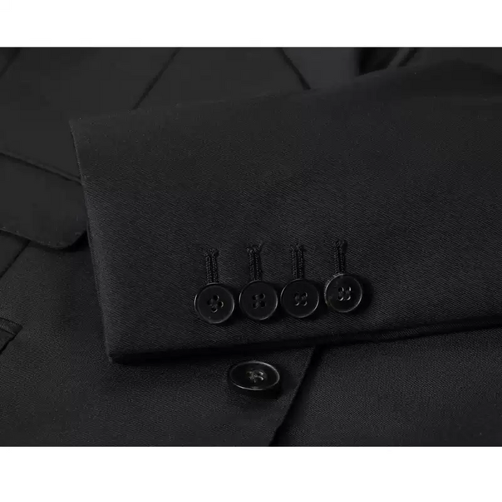 Black Wool Blazer with Notch Lapel and Double Flap Pockets for Men Plus Size