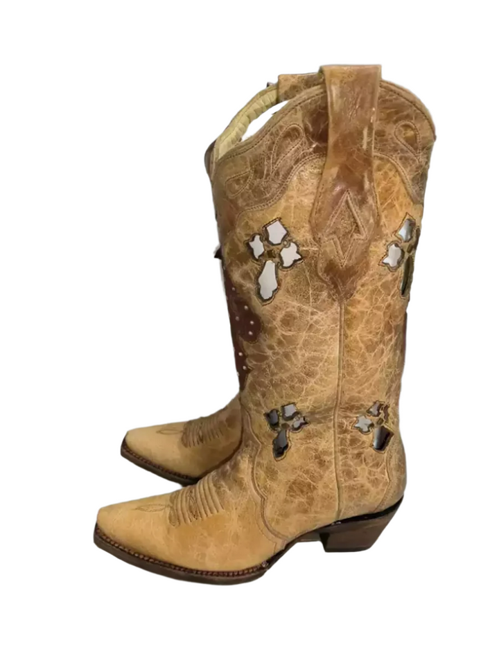 Vintage-Inspired Brown Western Cowgirl Boots with Embroidered Cutouts – Handmade Pointed Toe Boots