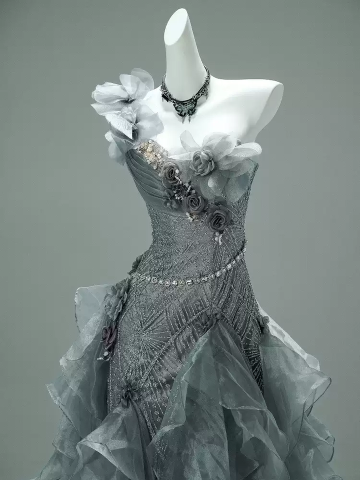 Gray Layered Tulle Ruffle Dress with Floral Appliqué – One Shoulder Evening Dress with Lace-Up Back Plus Size