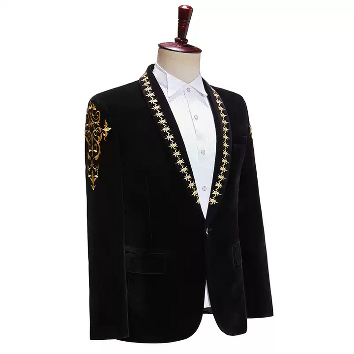 Black Baroque Mens Blazer – Velvet Suit Jacket with Gold Embroidered Lapel and Shoulder Detail Plus Size