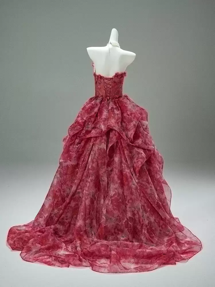 Flower Ball Gown Red Prom Dress – Strapless Evening Dress with Draped Floral Tulle Skirt Plus Size