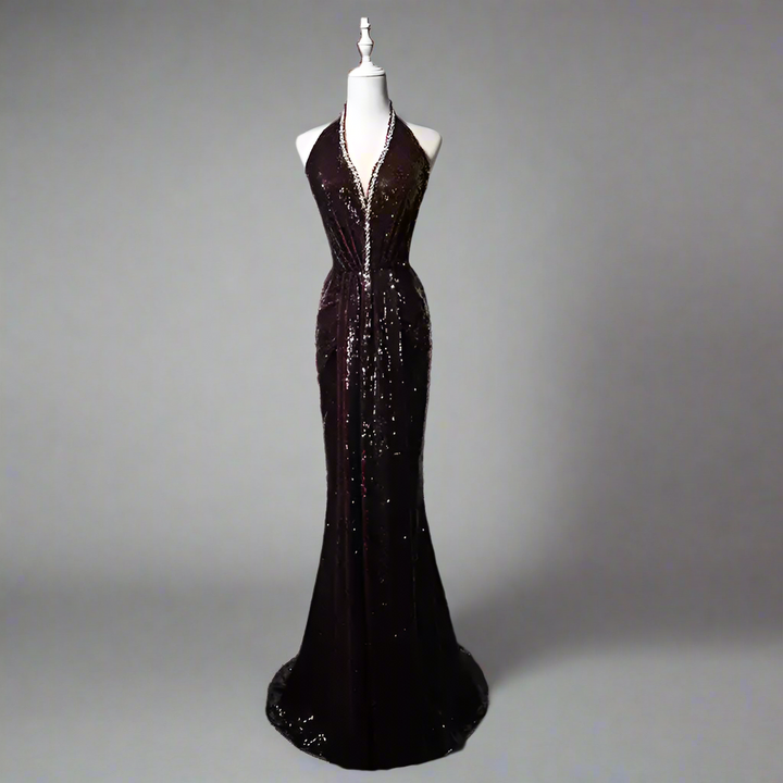 Gothic Red Evening Dress with Embellished Halter Neck - Designer Sequin Gown - Designer Sequin Gown Plus Size