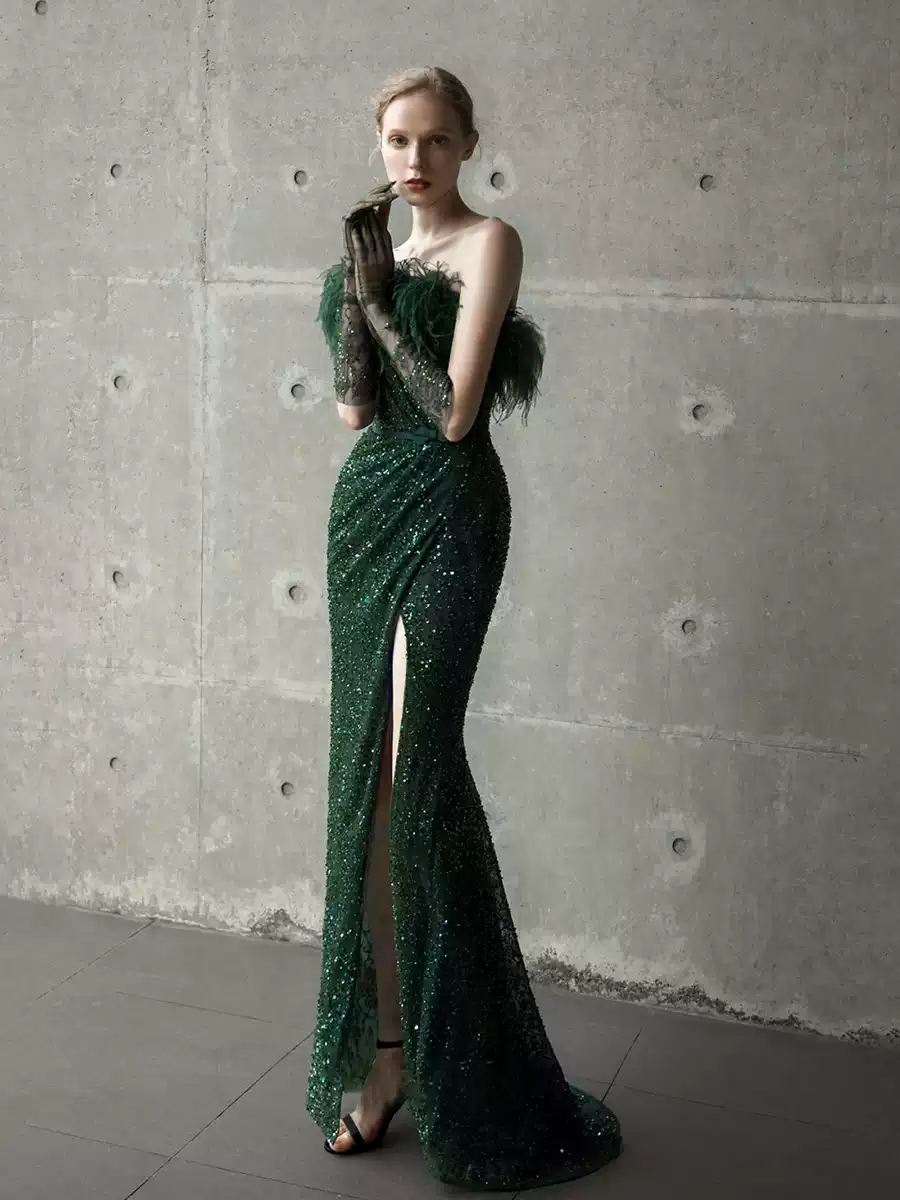 Green Off-the-Shoulder Sequin Evening Gown – Sequin and Feather Dress with High Slit Plus Size