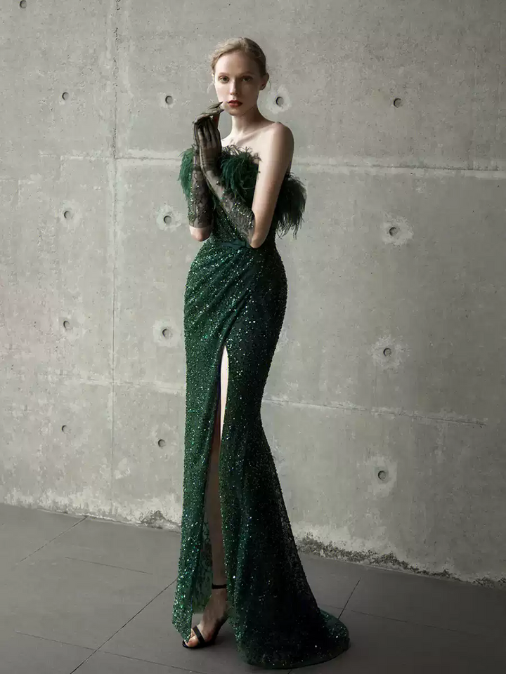 Green Off-the-Shoulder Sequin Evening Gown – Sequin and Feather Dress with High Slit Plus Size