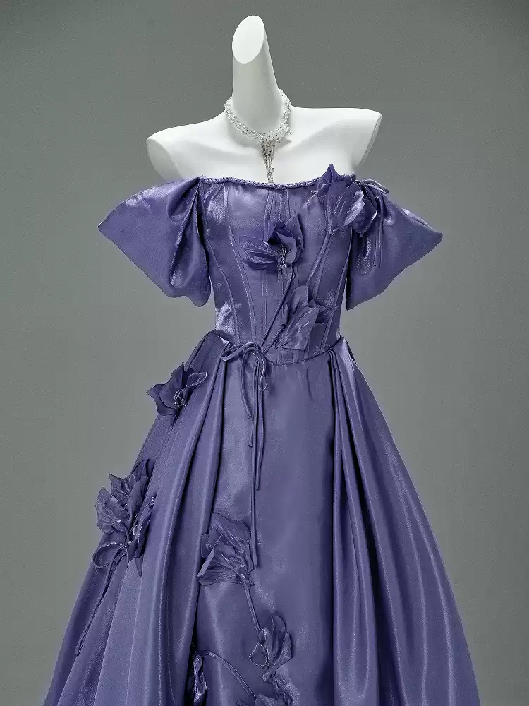 Purple Off the Shoulder Evening Dress with Floral Appliqué – Satin Evening Gown with Lace-Up Back Plus Size