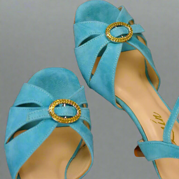 Handmade Tango Cowhide Leather Blue Latin Dance Shoes Low Heel with Rhinestone Buckle and Open Toe