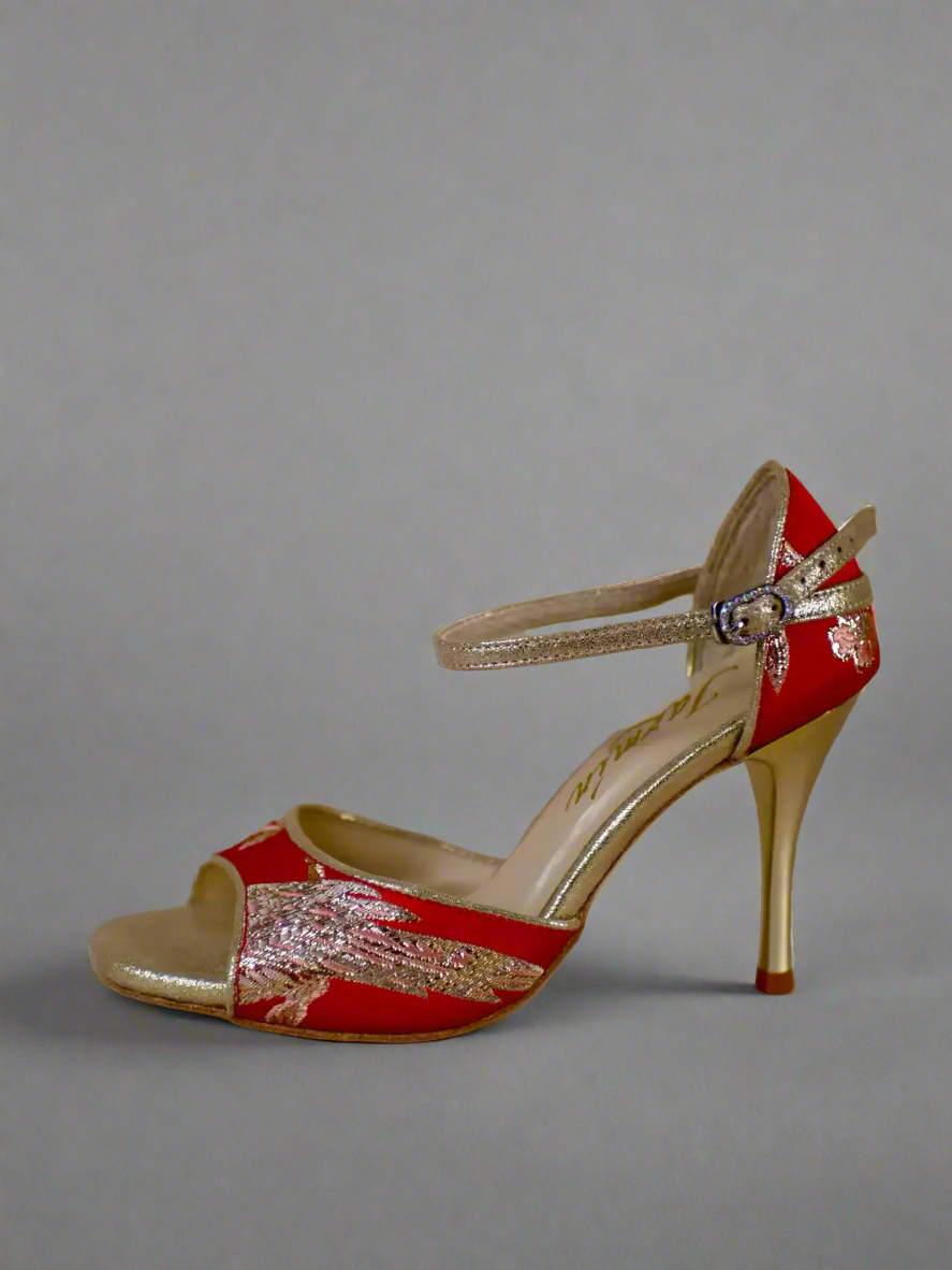 Handmade Tango Cowhide Leather Red Satin Samba Shoes with Gold Heel – Latin Dancing Shoes for Women