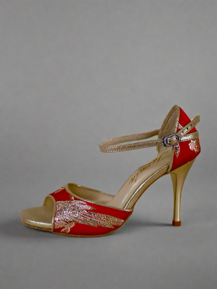 Handmade Tango Cowhide Leather Red Satin Samba Shoes with Gold Heel – Latin Dancing Shoes for Women