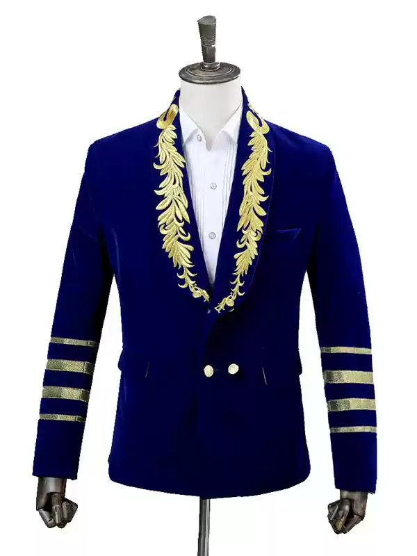 Burgundy Regency Mens Suit - Double Breasted Blazer with Gold Embroidered and Sleeve Stripes Plus Size