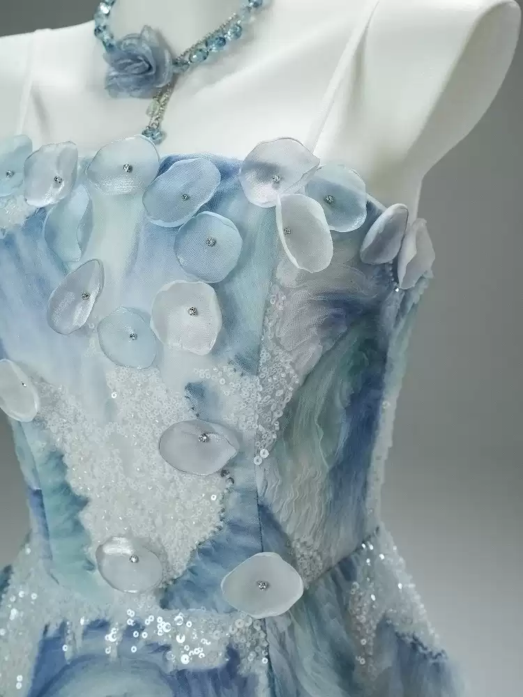 Light Blue Evening Dress with Floral Embellishments and Strapless – Floral Evening Dress with Lace-Up Back Plus Size