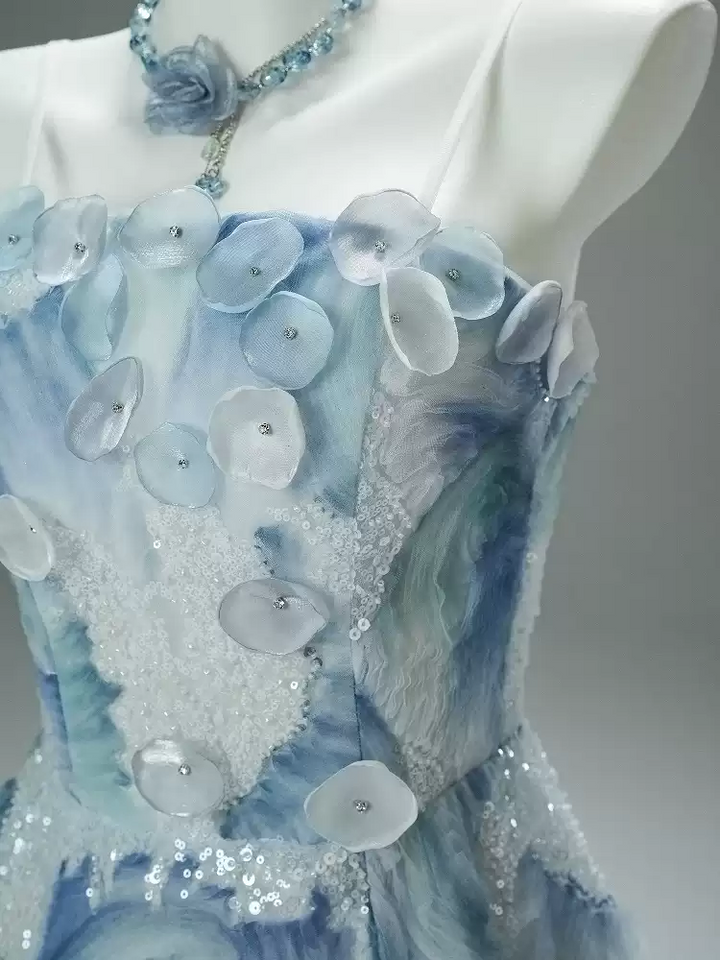 Light Blue Evening Dress with Floral Embellishments and Strapless – Floral Evening Dress with Lace-Up Back Plus Size